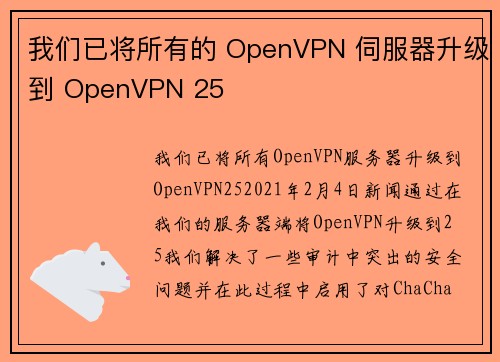 我们已将所有的 OpenVPN 伺服器升级到 OpenVPN 25 